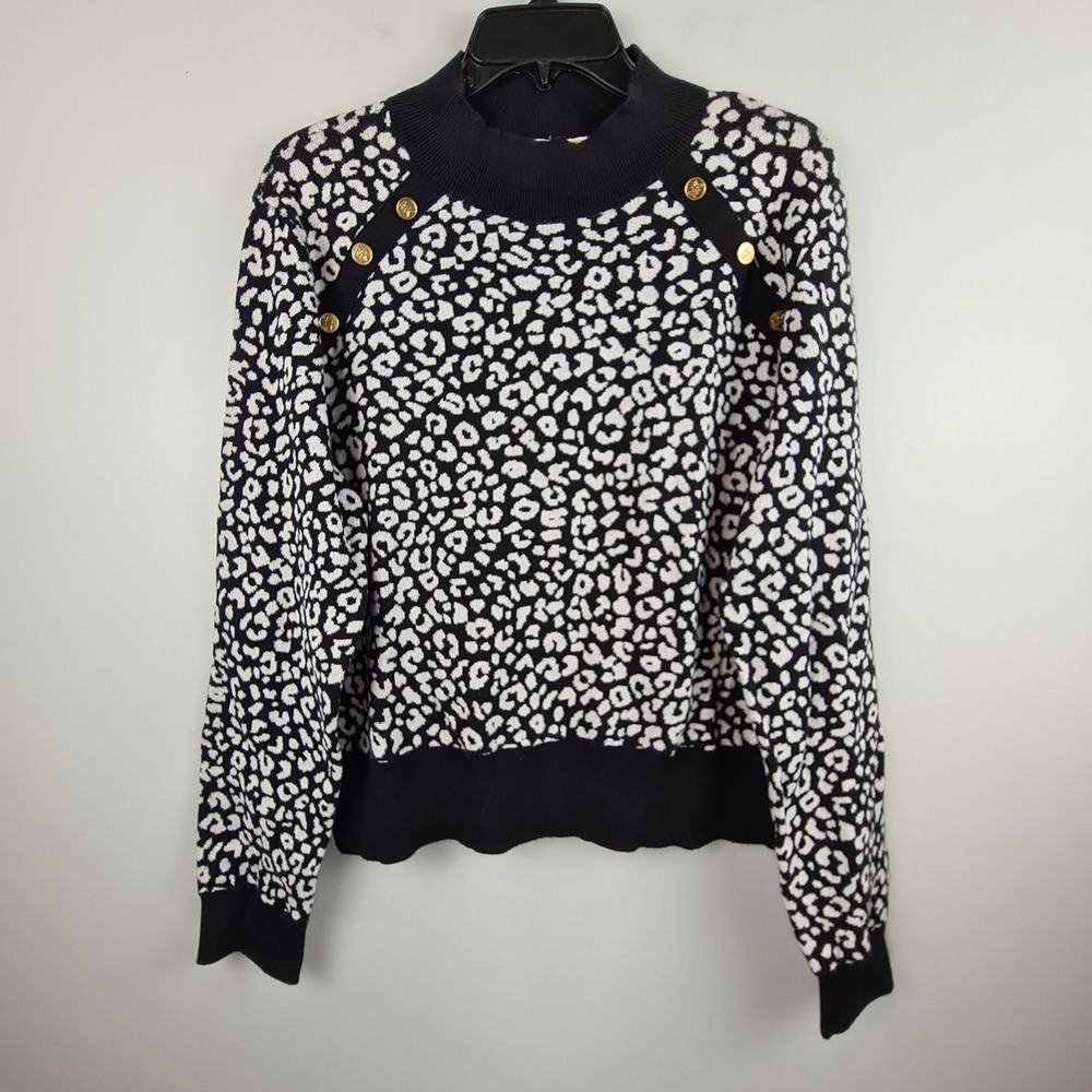 Michael Kors Womens XL Leopard Print Mock Neck Button Shoulder Sweater Classy